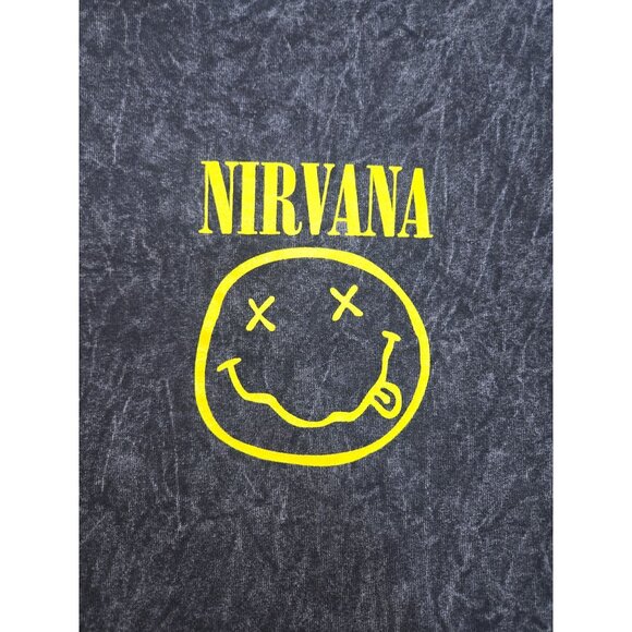 Nirvana Washed Black T-Shirt Large Yellow Smiley Logo Graphic Design - Picture 6 of 7